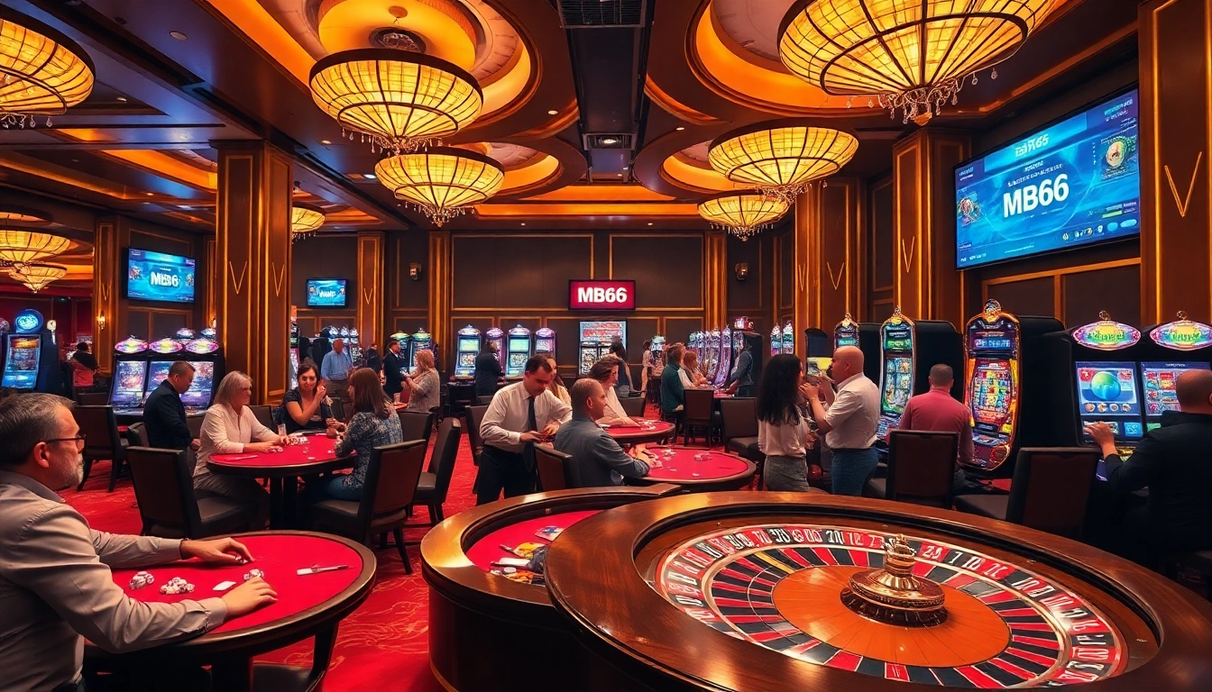 Experience the thrill of MB66 casino with players at vibrant gaming tables and exciting online interfaces.