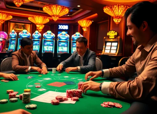 Exciting poker game scene showcasing XX88 COM casino atmosphere filled with vibrant players and high stakes.