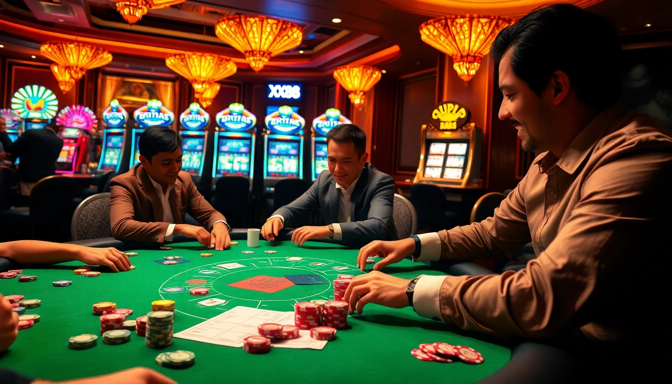 Exciting poker game scene showcasing XX88 COM casino atmosphere filled with vibrant players and high stakes.