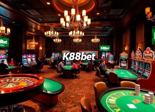 K88bet gaming experience showcased with roulette, poker tables, and vibrant machines in a luxurious casino setting.
