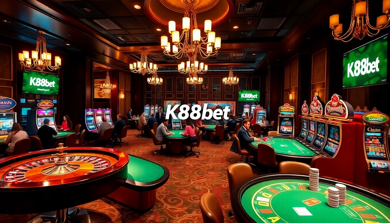 K88bet gaming experience showcased with roulette, poker tables, and vibrant machines in a luxurious casino setting.