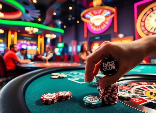 Exciting gameplay at b52 club with poker tables and vibrant casino atmosphere