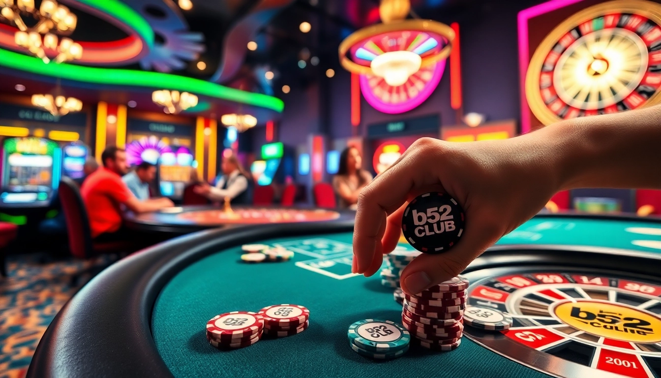 Exciting gameplay at b52 club with poker tables and vibrant casino atmosphere