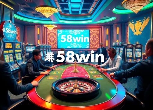 Players enjoy an exciting game at the 58win casino, featuring vibrant tables and slot machines.