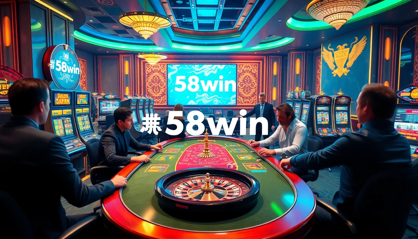 Players enjoy an exciting game at the 58win casino, featuring vibrant tables and slot machines.