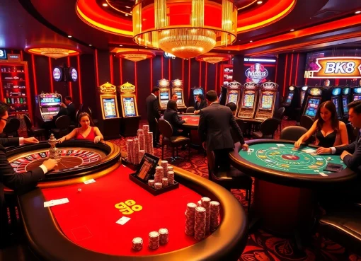 Exciting casino gaming scene showcasing BK8 with blackjack and poker players amidst luxury ambience.