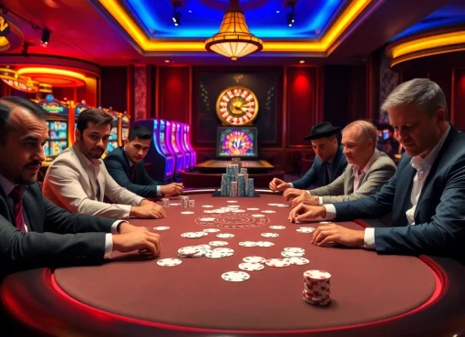 Experience haywin thrills at a high-stakes poker table with dynamic players and vibrant gambling elements.