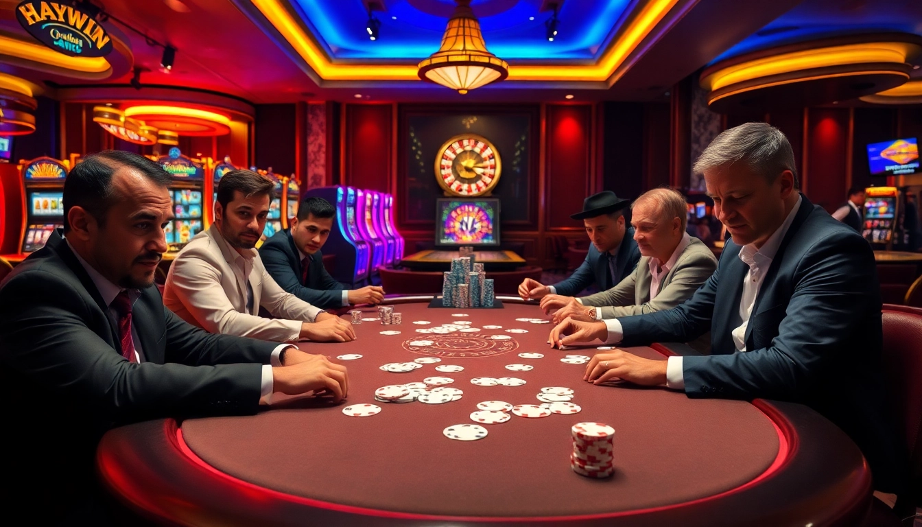 Experience haywin thrills at a high-stakes poker table with dynamic players and vibrant gambling elements.