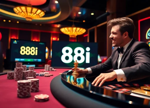 Excited gambler engaging in online gaming at a luxurious casino showcasing 88i.