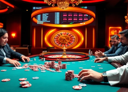 Pahala4d players engaging in a high-stakes poker game at a luxurious casino table.