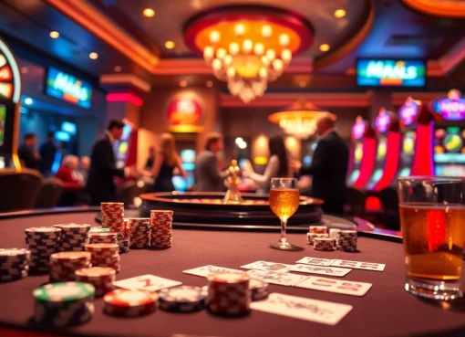 Players enjoying excitement at Man88 with vibrant casino tables, roulette wheels, and slot machines.