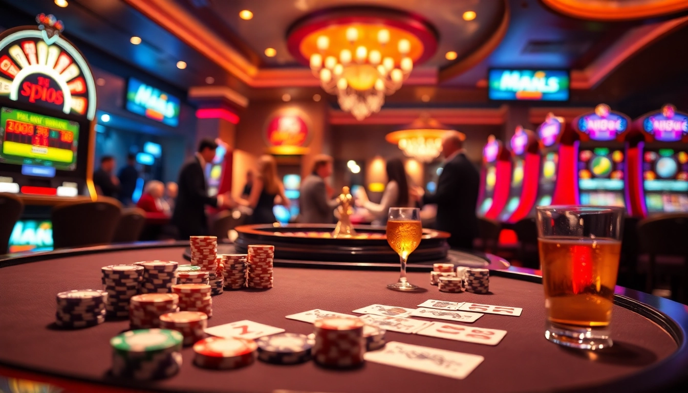 Players enjoying excitement at Man88 with vibrant casino tables, roulette wheels, and slot machines.