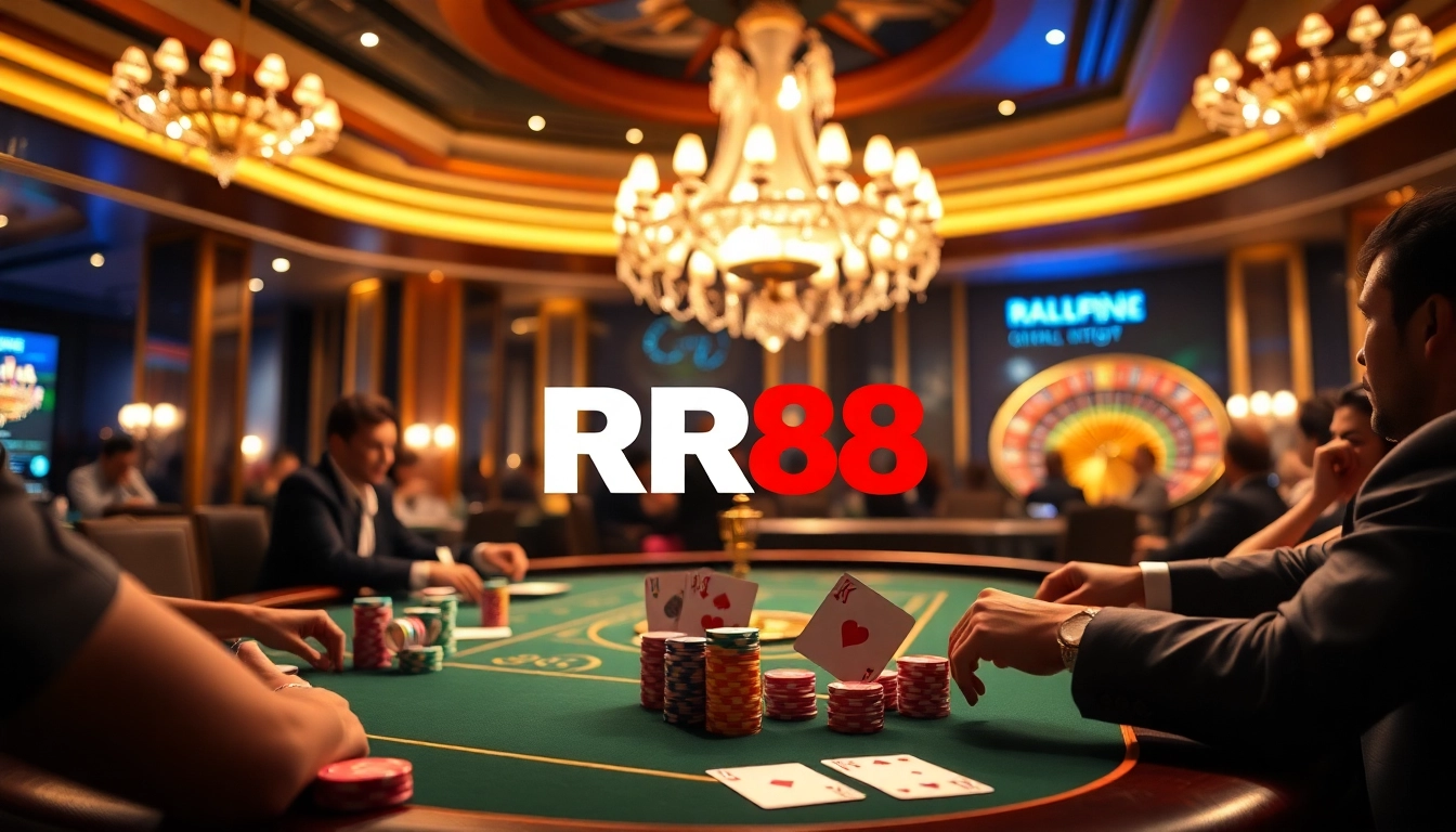 Experience the thrill of RR88 poker at a luxurious casino table surrounded by excitement.