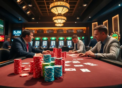 Players enjoying a poker game at Jun 88 casino, with colorful chips and cards, highlighting excitement.