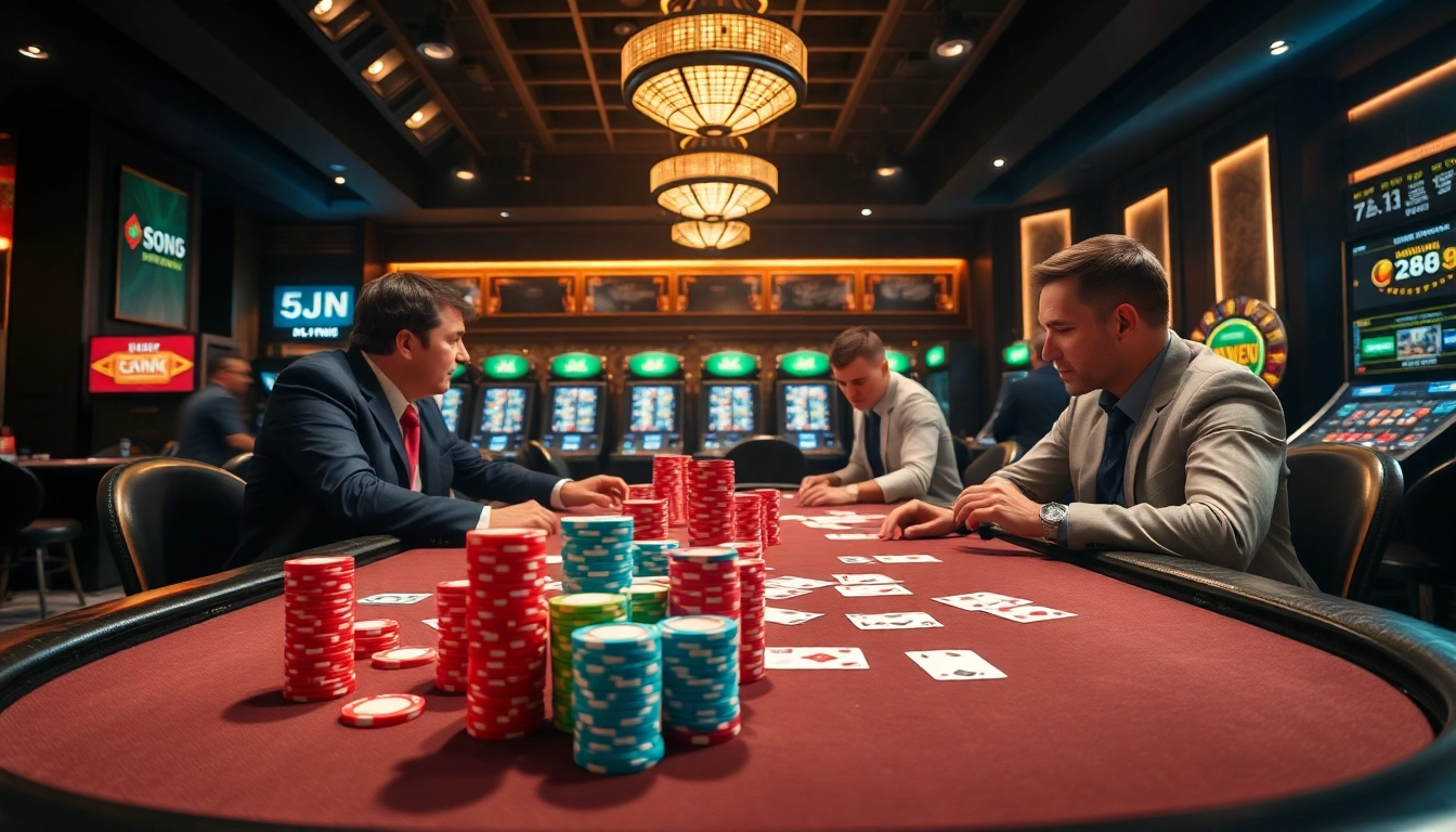 Players enjoying a poker game at Jun 88 casino, with colorful chips and cards, highlighting excitement.