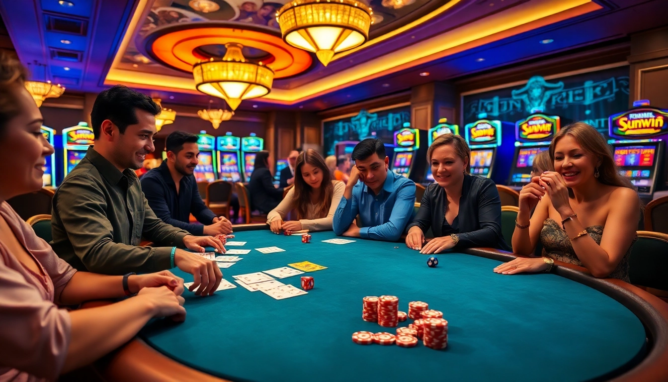 Experience thrilling gameplay at the Sunwin casino table filled with poker chips and slot machines.