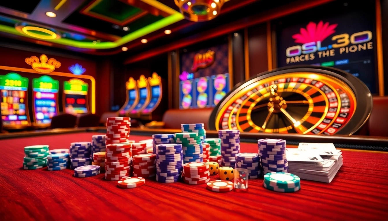 Exciting gambling scene with poker chips and roulette wheel at https://mm88.directory/ online casino.