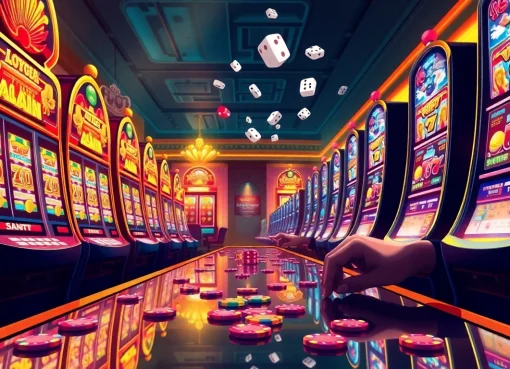 Exciting slot game action with brightly lit machines and colorful chips in a luxurious casino.
