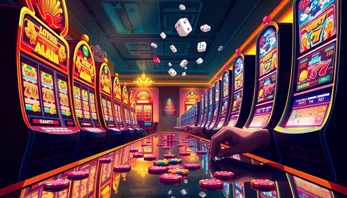 Exciting slot game action with brightly lit machines and colorful chips in a luxurious casino.